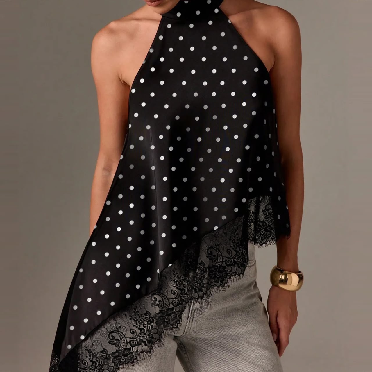 Asymmetric Lace Halter Top Black Polka Dot