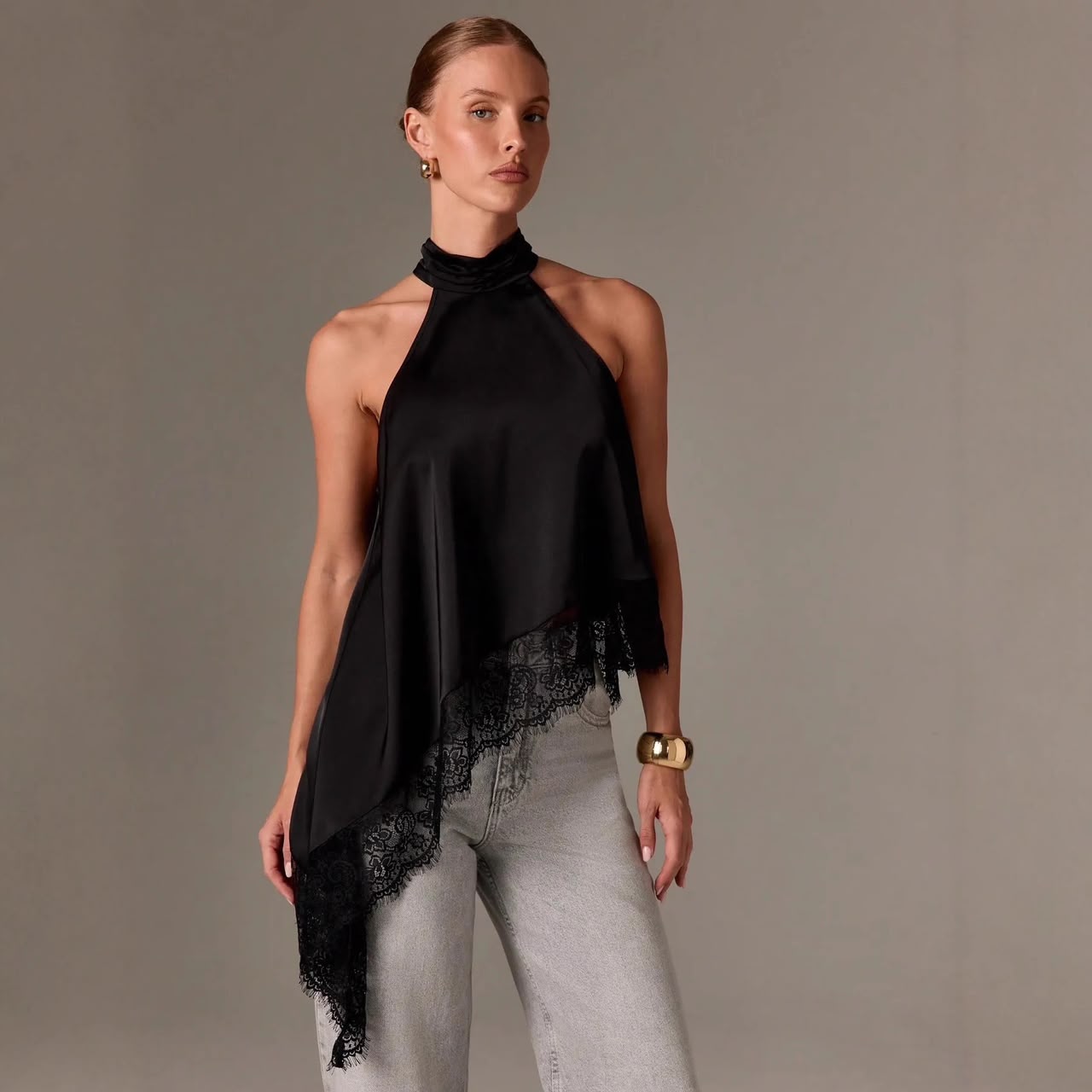 Asymmetric Lace Halter Top Black