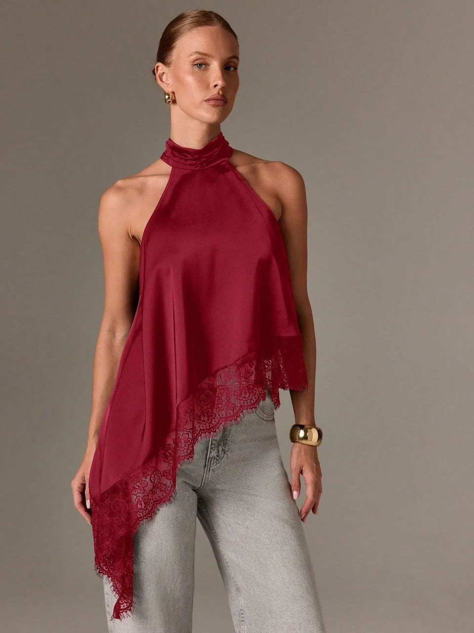 Asymmetric Lace Halter Top Burgundy Red