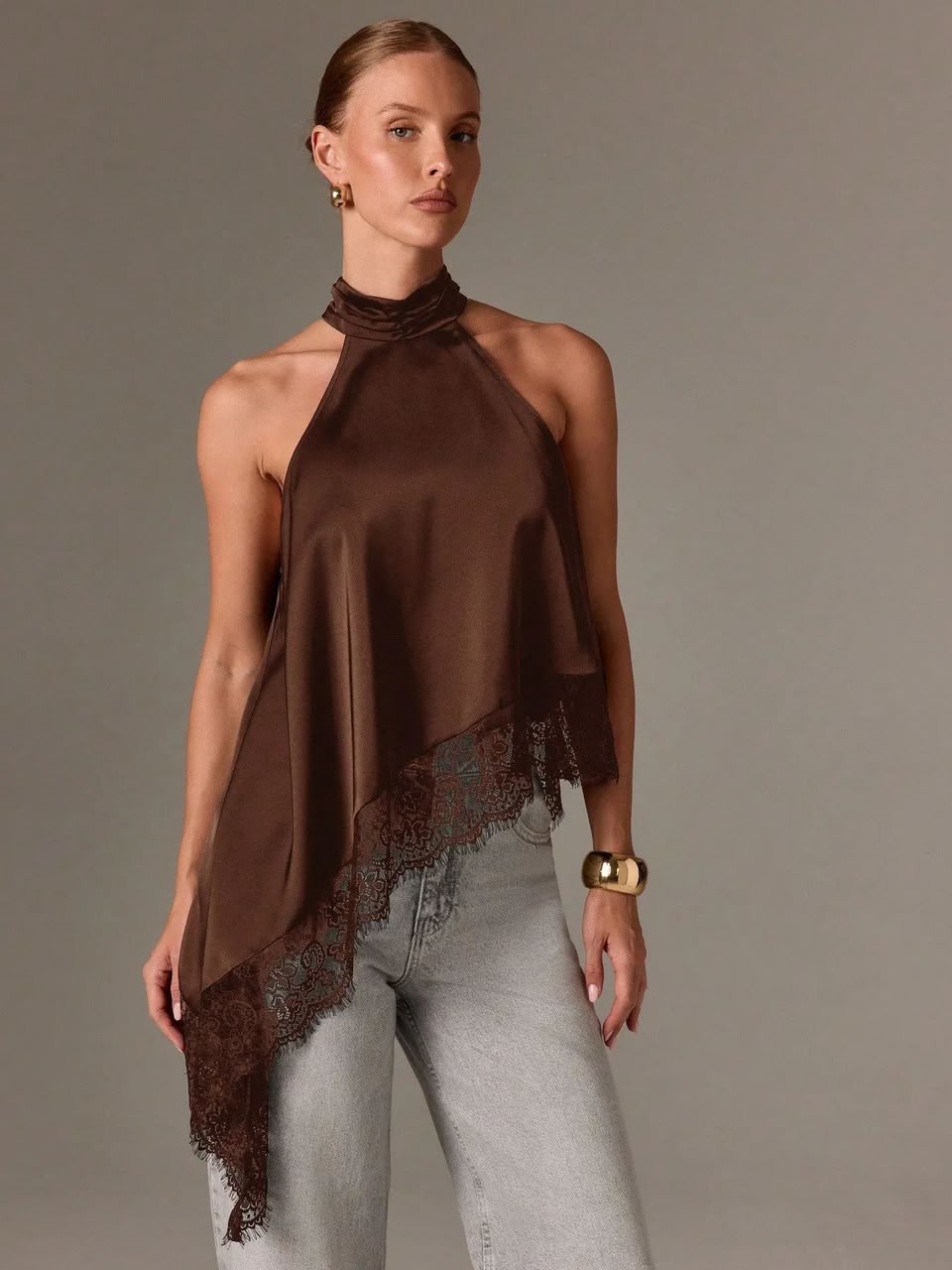 Asymmetric Lace Halter Top Chocolate Brown