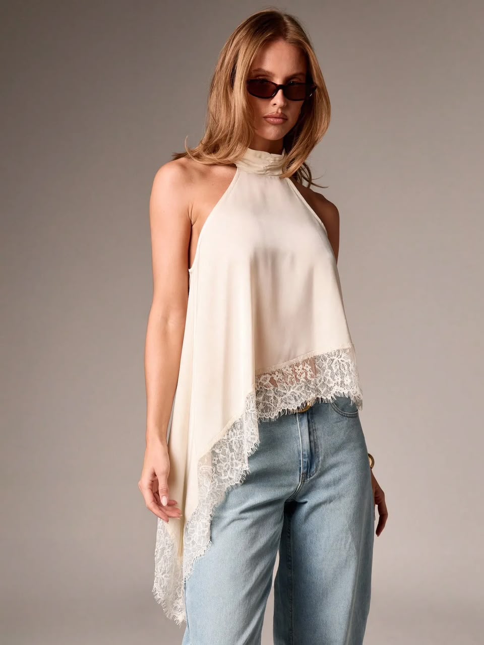 Asymmetric Lace Halter Top Cream