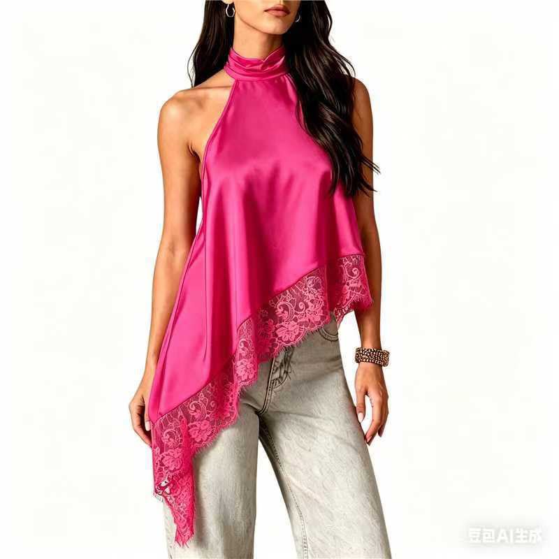 Asymmetric Lace Halter Top Hot Pink