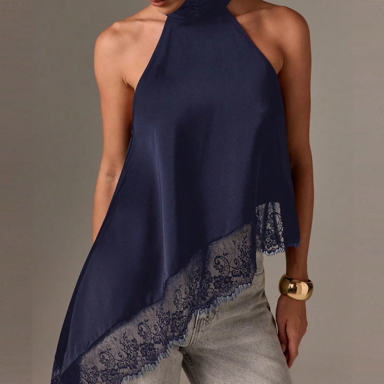 Asymmetric Lace Halter Top Navy Blue
