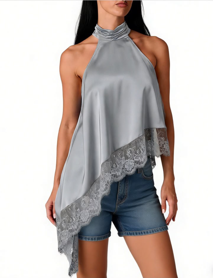 Asymmetric Lace Halter Top Silver Grey