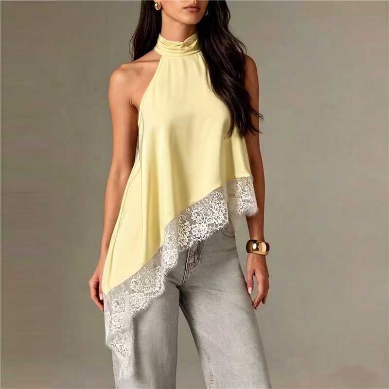Asymmetric Lace Halter Top Soft Yellow