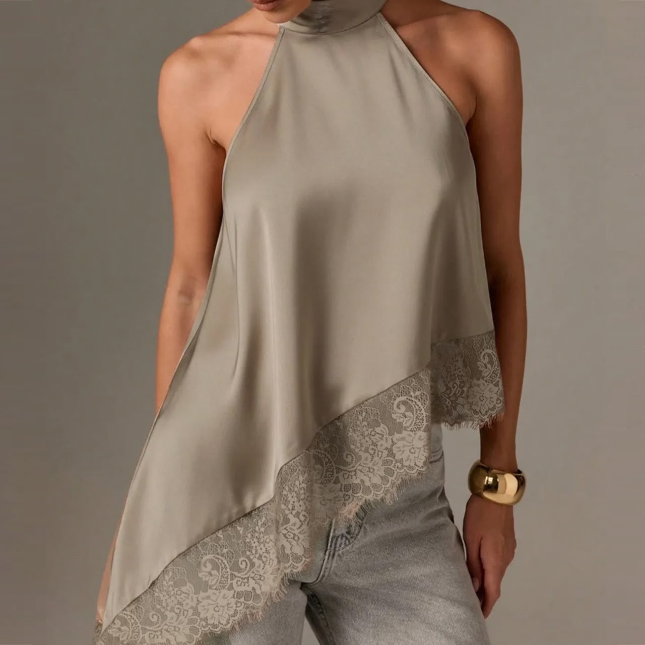 Asymmetric Lace Halter Top Taupe