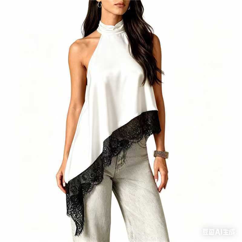 Asymmetric Lace Halter Top White & Black