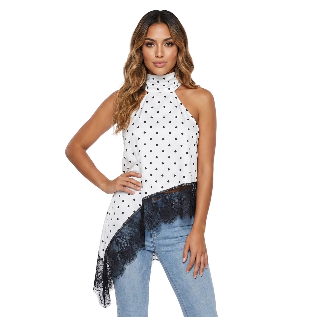 Asymmetric Lace Halter Top White Polka Dot