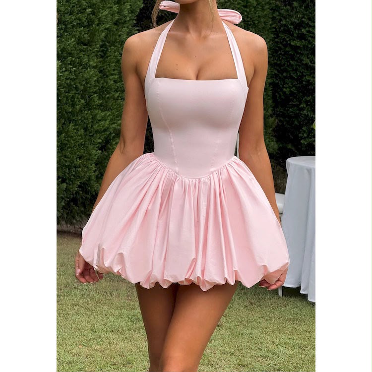Halter Bubble Mini Dress Pink