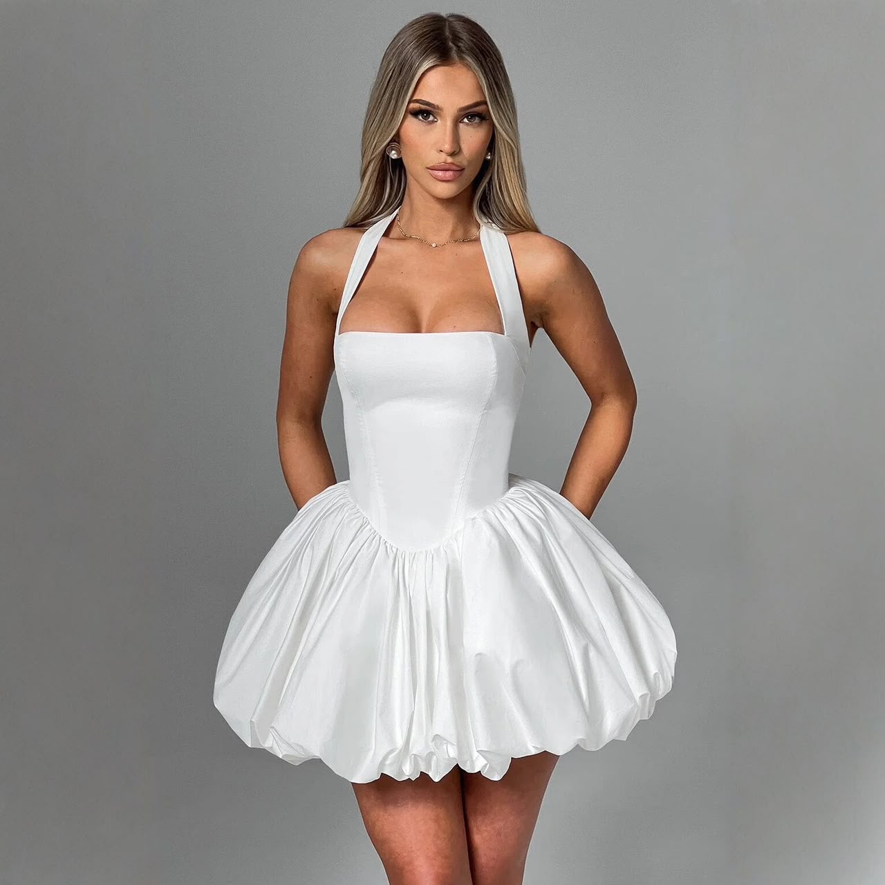 Halter Bubble Mini Dress White