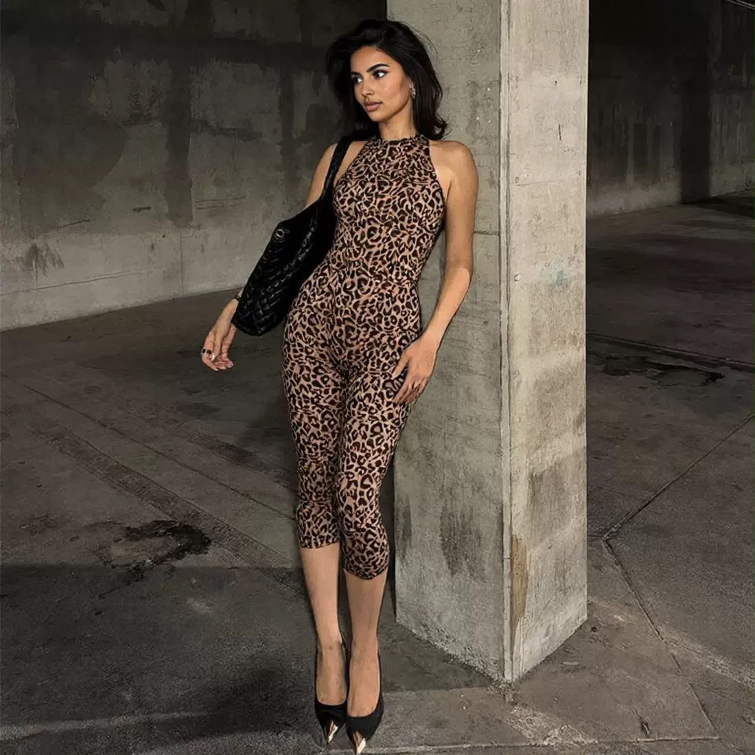 Leopard Print Halter Capri Jumpsuit