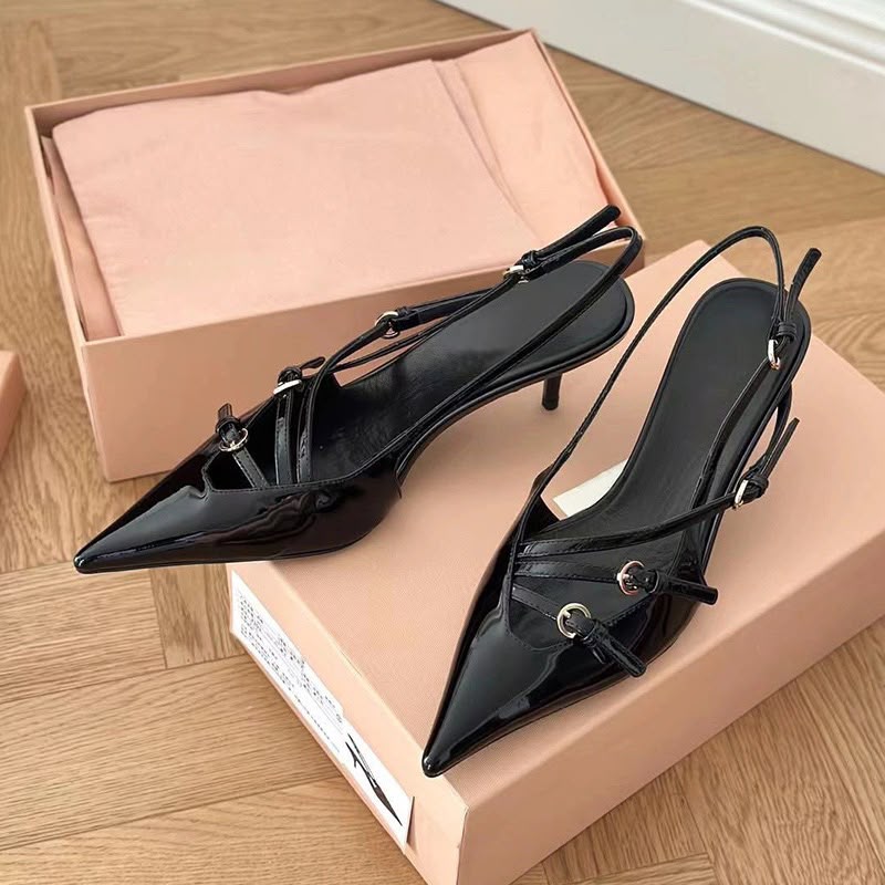 Strappy Pointed-Toe Slingback Heel Black