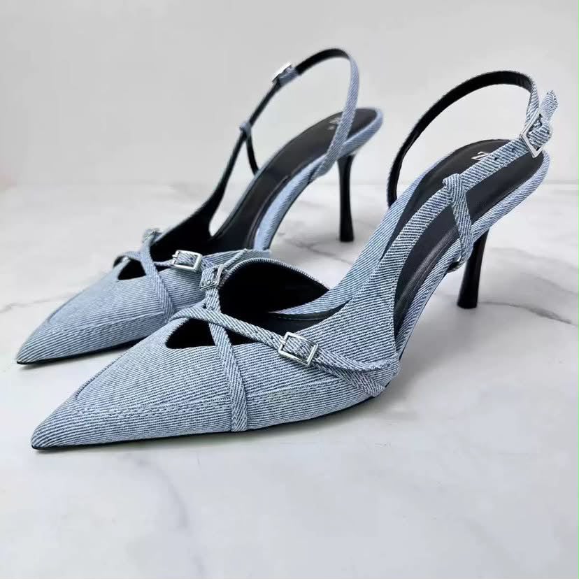 Strappy Pointed-Toe Slingback Heel Denim Blue