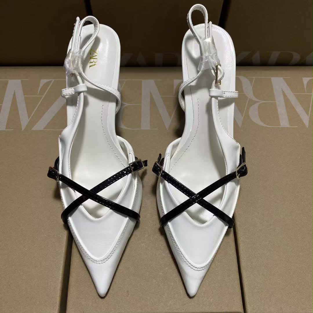 Two-Tone Pointed-Toe Slingback Heel White & Black